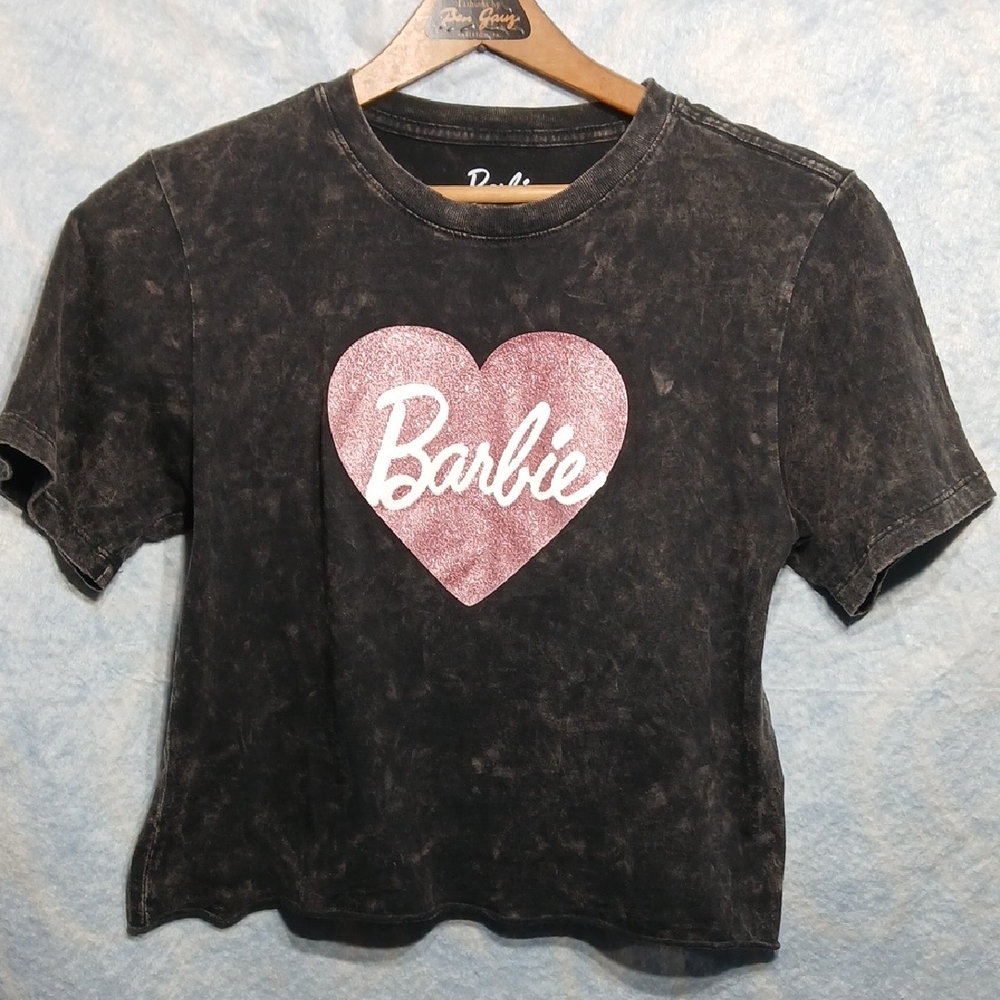 Barbie Black/Pink Cropped Washed Vintage-inspired Grahic Tee Glitter Heart Logo